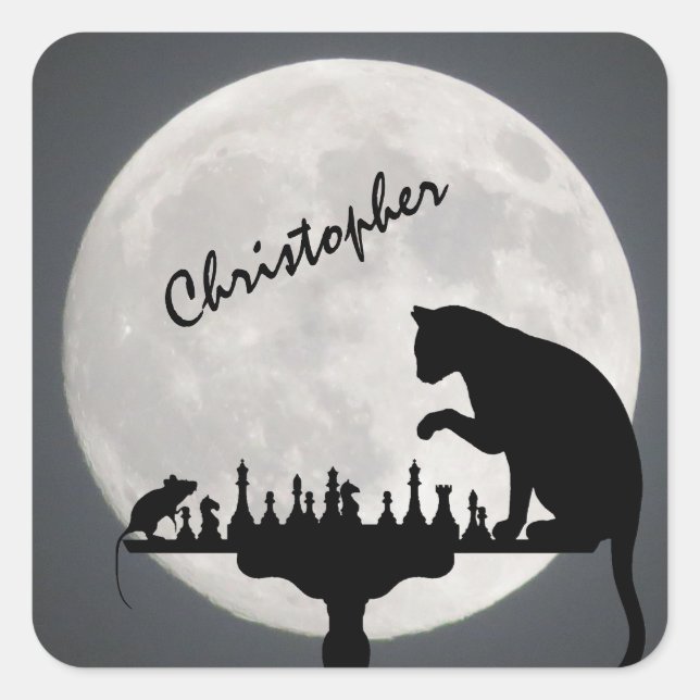 Personalized Chess Full Moon Cat and Mouse Game Square Sticker (Front)