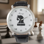 Personalized chess watch gift for adults and kids<br><div class="desc">Personalized chess watch gift for adults and kids. Roman numerals with stylish script typography and knight chess piece icon. Classy black leather band. Chic black and white horse logo with custom name or quote. Unique Birthday gift idea for chess lovers, teacher, student, children ( boy or girl) etc. Board game...</div>