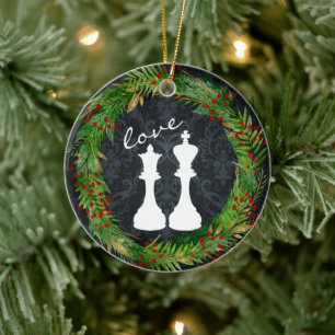 Personalized Chess White King, Queen Couple Love Ceramic Ornament