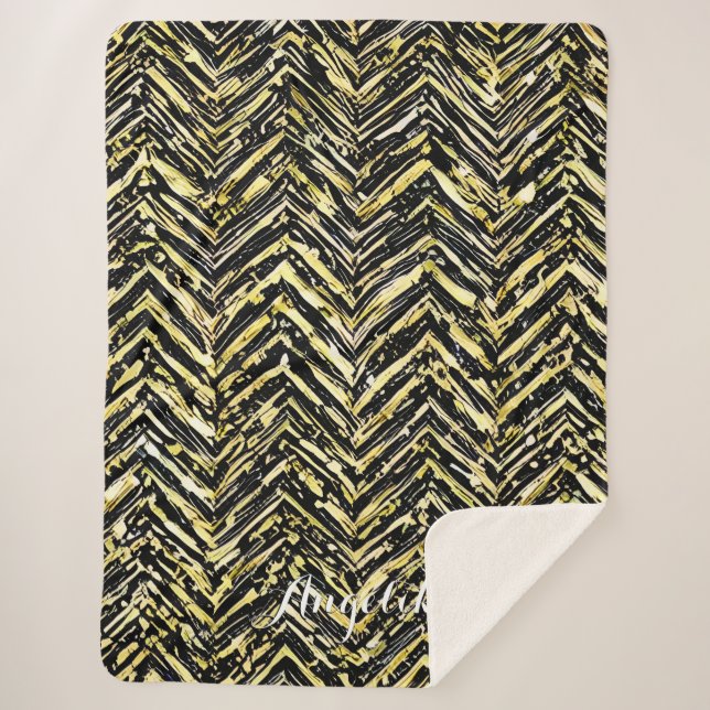 Personalized Chevron Black and Gold Name Sherpa Blanket (Front)