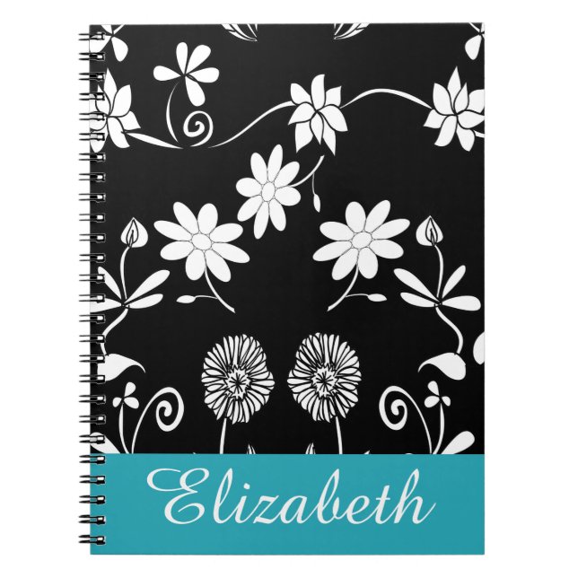 Personalized Chevron Floral Black White Monogram Notebook (Front)