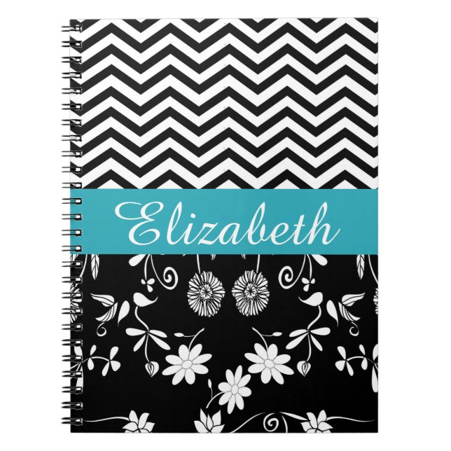 Personalized Chevron Floral Black White Monogram Notebook (Front)