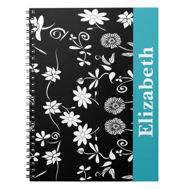 Personalized Chevron Floral Black White Monogram Notebook (Front)