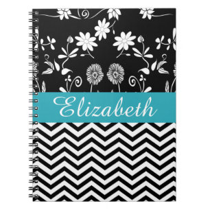 Personalized Chevron Floral Black White Monogram Notebook