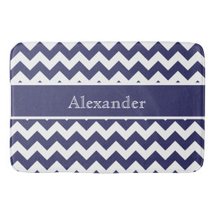 Personalized Chevron Navy Blue White background Bath Mat