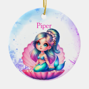 Personalized Chibi Mermaid in Shell Christmas Orna Ceramic Ornament