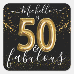 Personalized Chic 50th Birthday Party Black Gold Square Sticker
