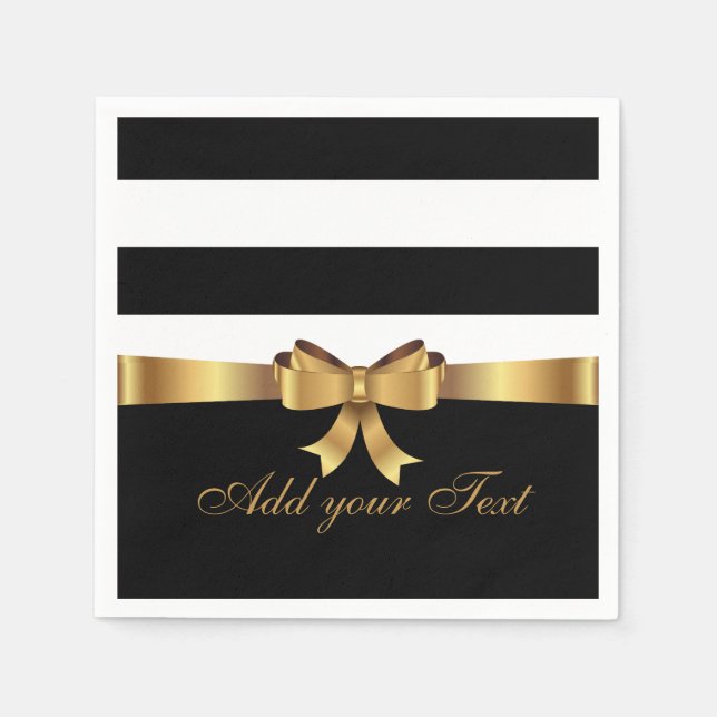Personalized Chic Black Stripes Gold BOW your text Napkin (Front)