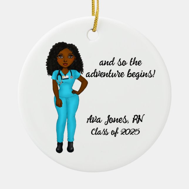 Personalized Chic Black Woman Nursing Graduation Ceramic Ornament (Front)