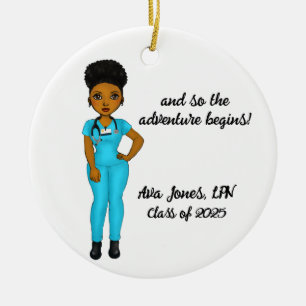 Personalized Chic Black Woman Nursing Graduation Ceramic Ornament