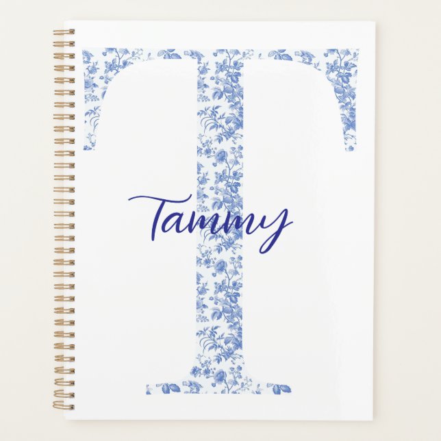 Personalized Chic Blue Toile Monogram Notebook Planner (Front)
