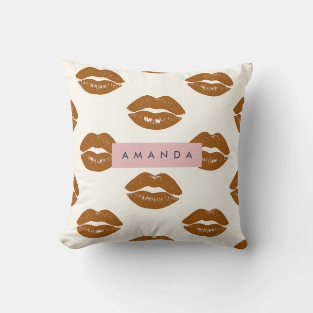 Personalized Chic Brown Lip Print Design Throw Pillow (Front)