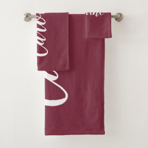 Personalized Chic Calligraphy Name Burgundy Red Bath Towel Set