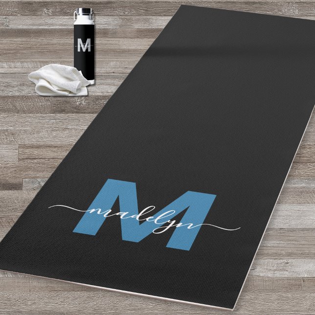 Personalized Chic Calligraphy Name Monogram Blue Yoga Mat (Personalized Chic Calligraphy Name Monogram Blue Yoga Mat)