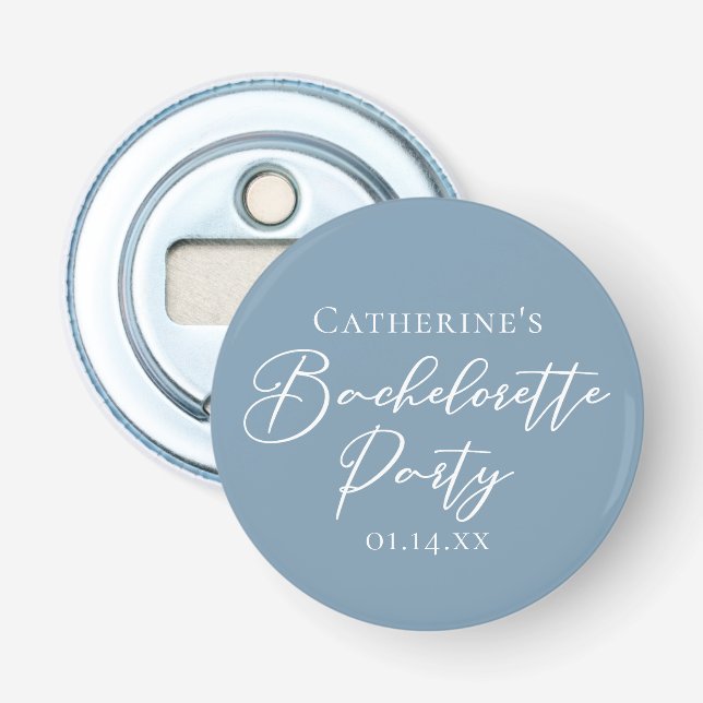 Personalized Chic Dusty Blue Bachelorette Party Bottle Opener (Front)