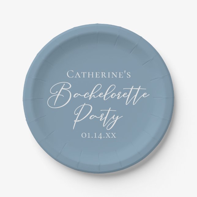 Personalized Chic Dusty Blue Bachelorette Party Paper Plate (Front)