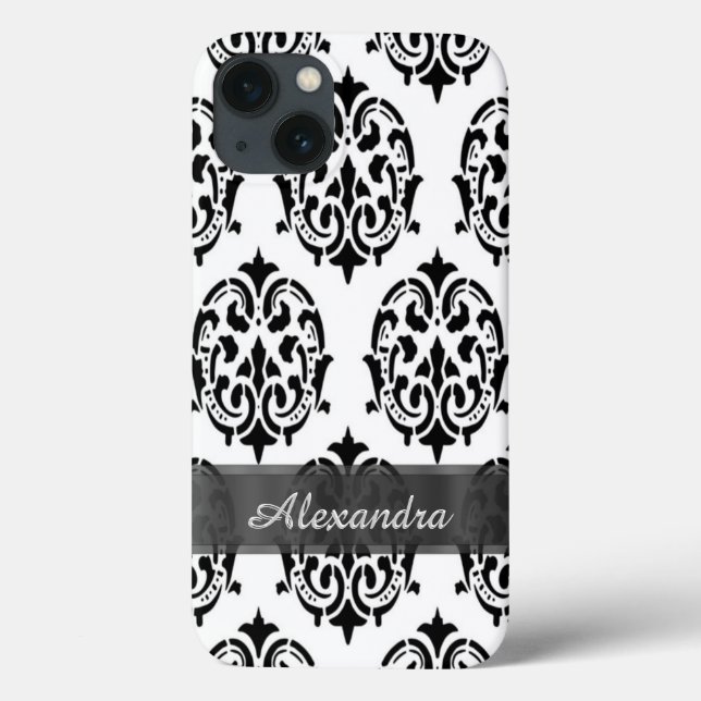 Personalized chic elegant black and white damask Case-Mate iPhone case (Back)
