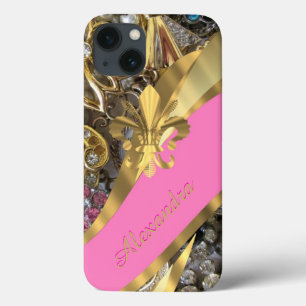Personalized chic elegant gold and pink bling iPhone 13 case