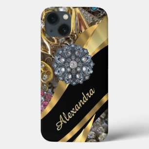 Personalized chic elegant gold rhinestone bling iPhone 13 case