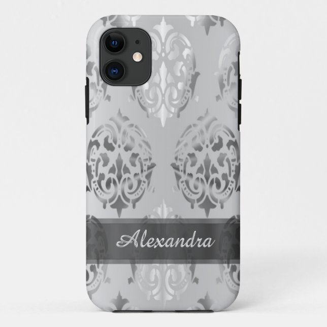 Personalized chic elegant silver grey damask Case-Mate iPhone case (Back)