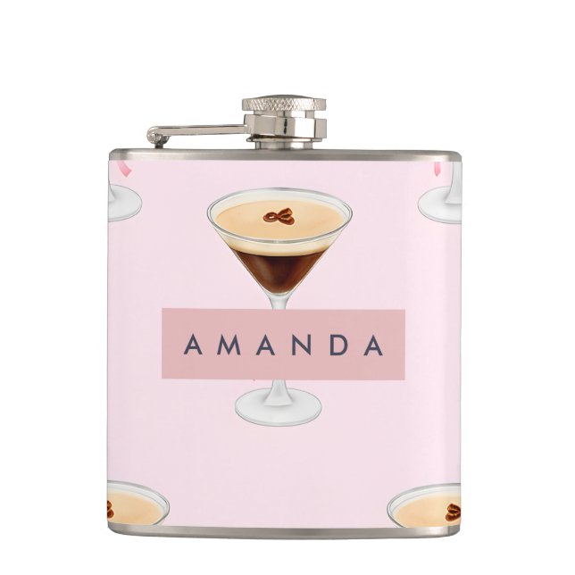 Personalized Chic Espresso Cocktail Pattern Hip Flask (Front)