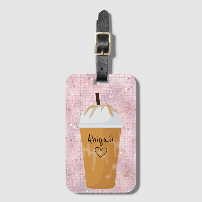 Personalized Chic Iced Coffee Bling Pink Luggage Tag (Front Vertical)