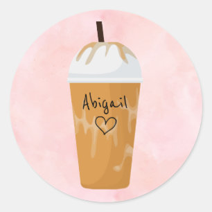 Personalized Chic Iced Coffee Trendy Pink Classic Round Sticker
