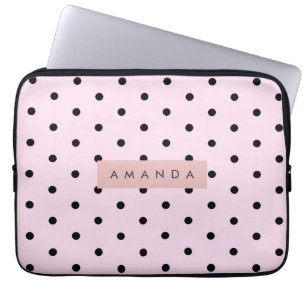 Personalized Chic Pink and Black Polka Dot Laptop Sleeve