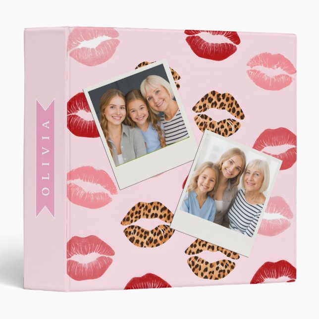 Personalized Chic Pink Leopart Print Lip Pattern Binder (Front/Spine)