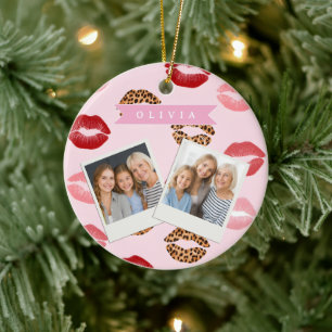 Personalized Chic Pink Leopart Print Lip Pattern Ceramic Ornament