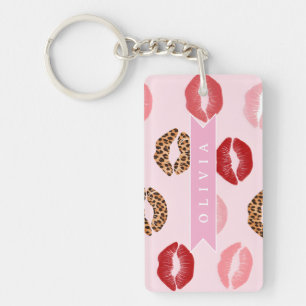 Personalized Chic Pink Leopart Print Lip Pattern Keychain