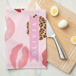 Personalized Chic Pink Leopart Print Lip Pattern Kitchen Towel