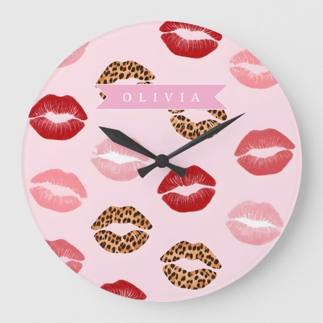 Personalized Chic Pink Leopart Print Lip Pattern Large Clock (Front)