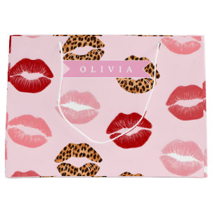 Personalized Chic Pink Leopart Print Lip Pattern Large Gift Bag