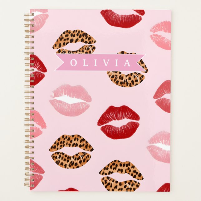 Personalized Chic Pink Leopart Print Lip Pattern Planner (Front)