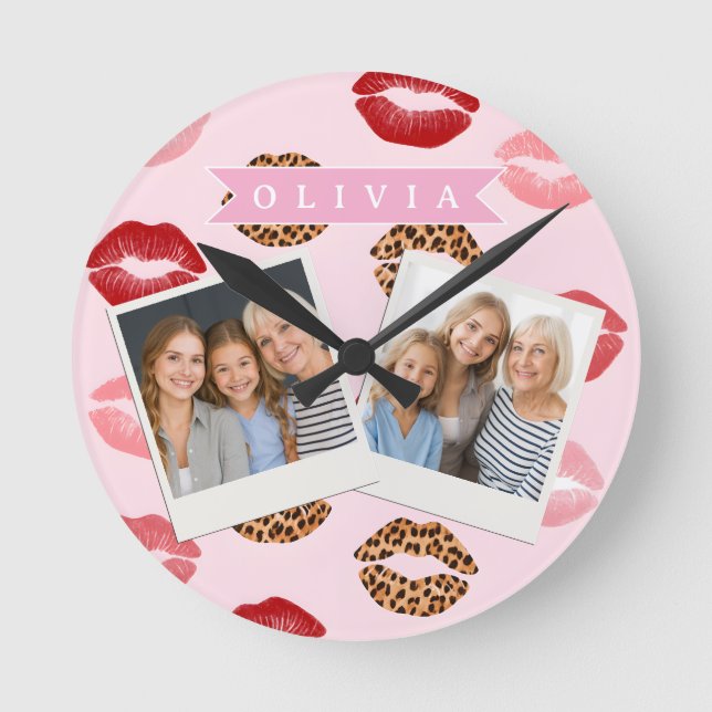 Personalized Chic Pink Leopart Print Lip Pattern Round Clock (Front)