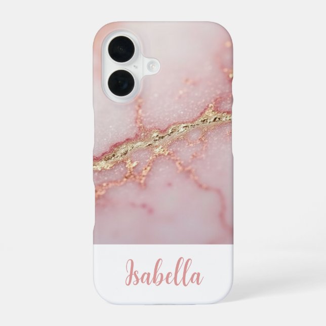 Personalized Chic Pink Marble Gold iPhone 16 Case (Back)