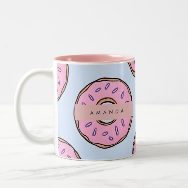 Personalized Chic Pink Sprinkle Donut  Two-Tone Coffee Mug (Left)