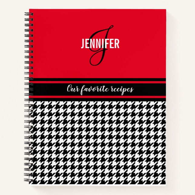 Personalized chic red houndstooth recipe notebook (Front)