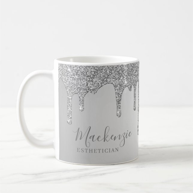 Personalized Chic Silver Sparkle Glitter Drips Coffee Mug (Left)