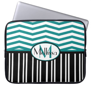 Personalized Chic teal and black chevron stripes Laptop Sleeve