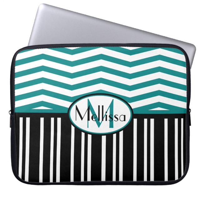 Personalized Chic teal and black  chevron stripes Laptop Sleeve (Front)