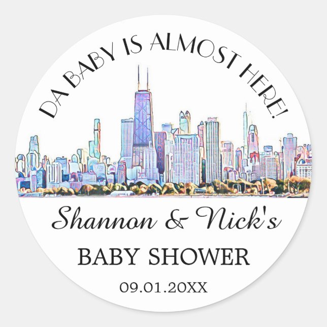 Personalized Chicago Skyline Baby Shower Classic Round Sticker (Front)