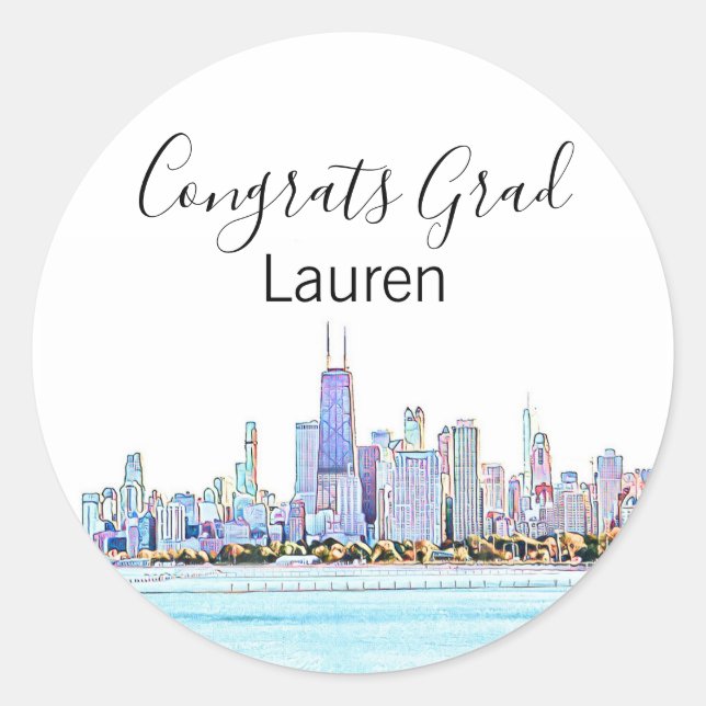 Personalized Chicago Skyline Graduation Classic Round Sticker (Front)