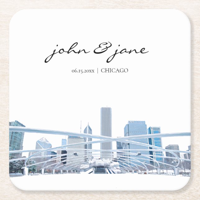 Personalized Chicago Skyline Square Paper Coaster (Front)