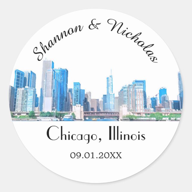 Personalized Chicago Skyline Wedding Classic Round Sticker (Front)