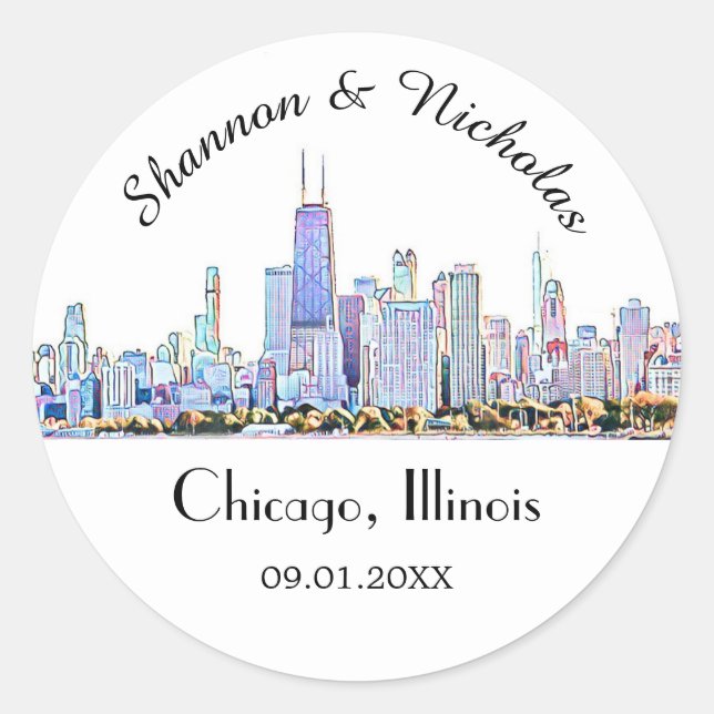 Personalized Chicago Skyline Wedding Classic Round Sticker (Front)
