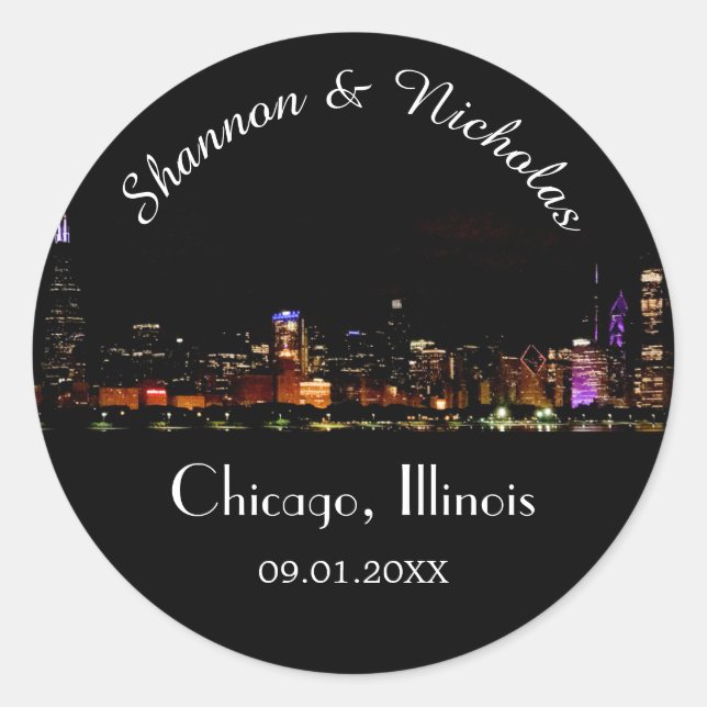Personalized Chicago Skyline Wedding Classic Round Sticker (Front)