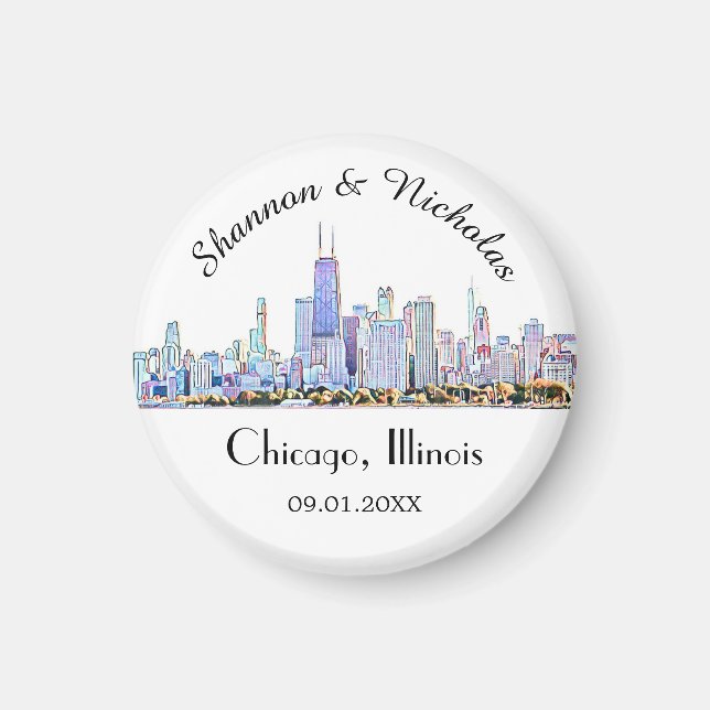 Personalized Chicago Skyline Wedding Magnet (Front)