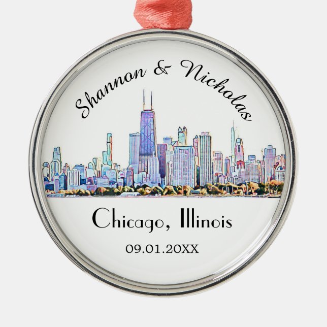 Personalized Chicago Skyline Wedding Metal Ornament (Front)